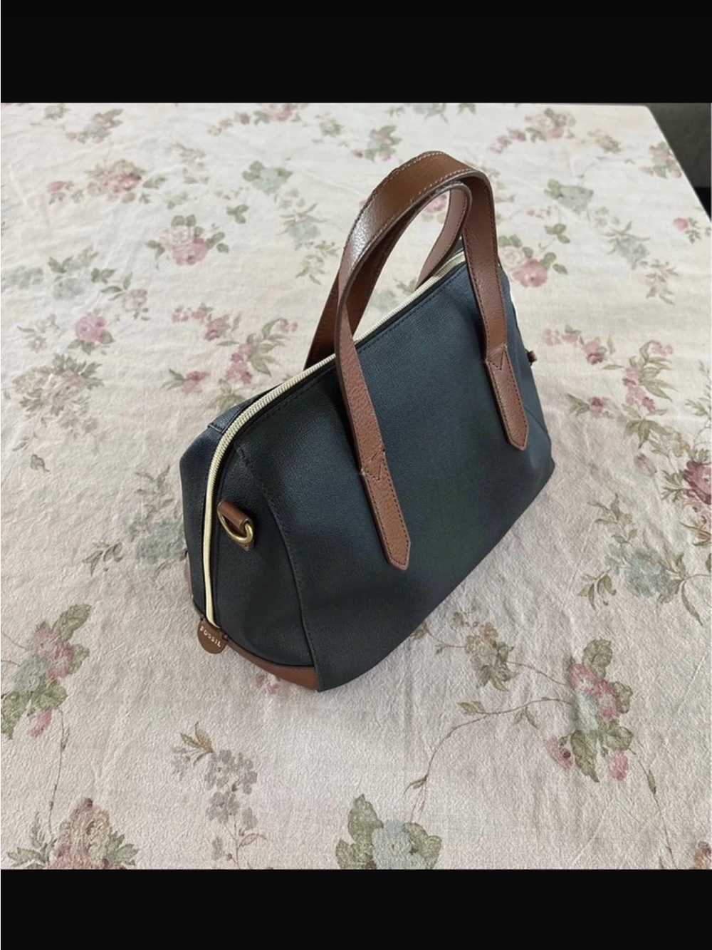 Fossil Black Brown Gold Flat Bottom Medium Handbag Purse 12”